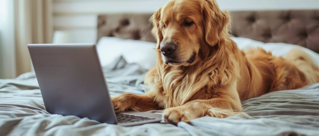 Golden Retriever dog on a bed viewing a laptop computer connected to fast and reliable fiber optic internet.