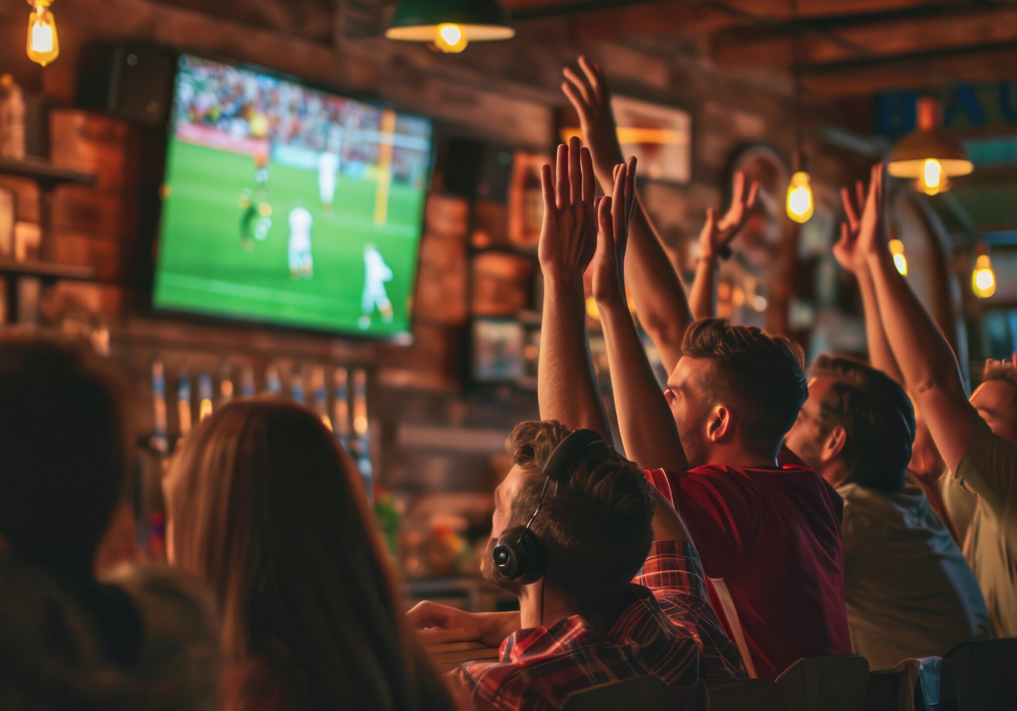 Vibrant sports bar atmosphere where patrons are energetically celebrating